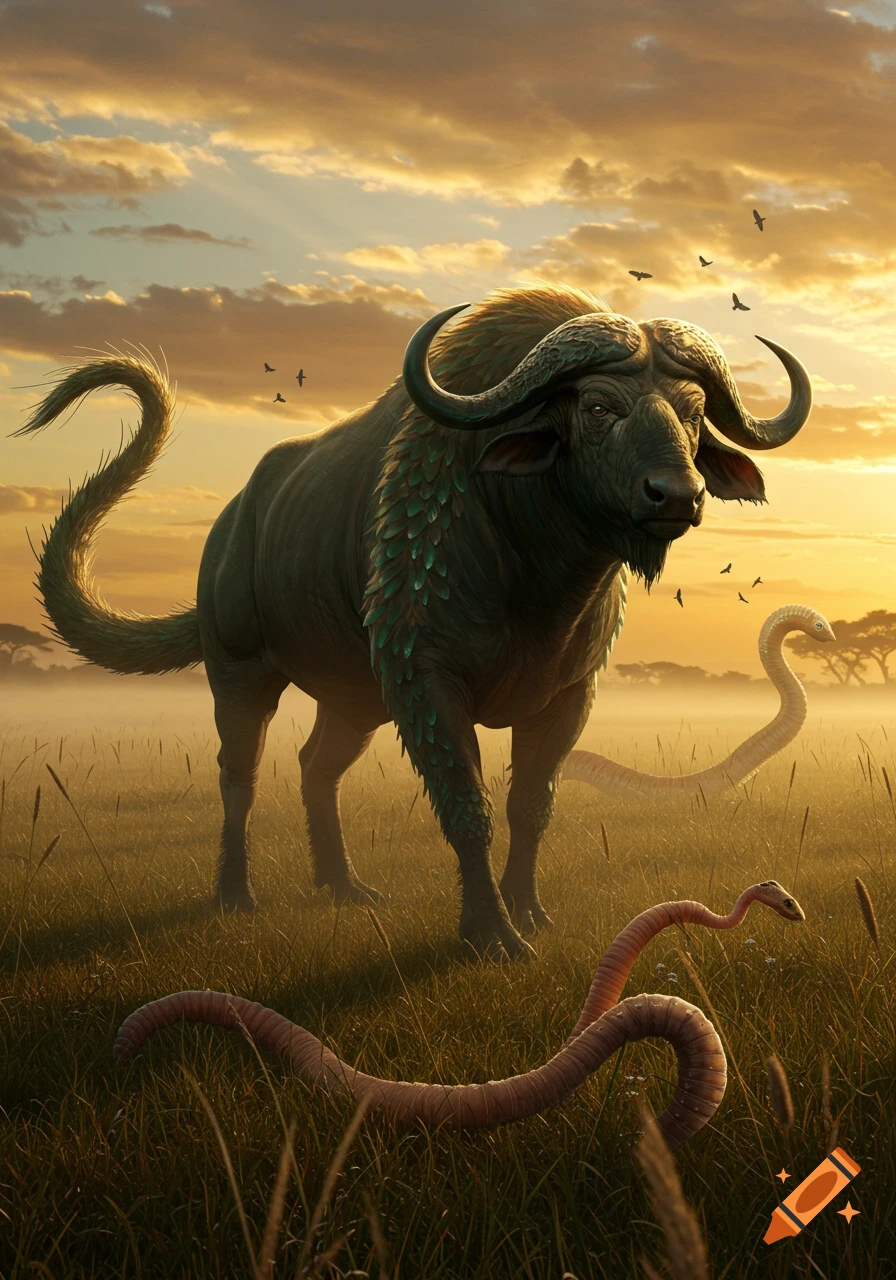 A large, dark green buffalo-like creature with scaled shoulders and a long, scaly tail stands in a golden savanna at sunset, with two long, pale worm-like creatures in the grass.