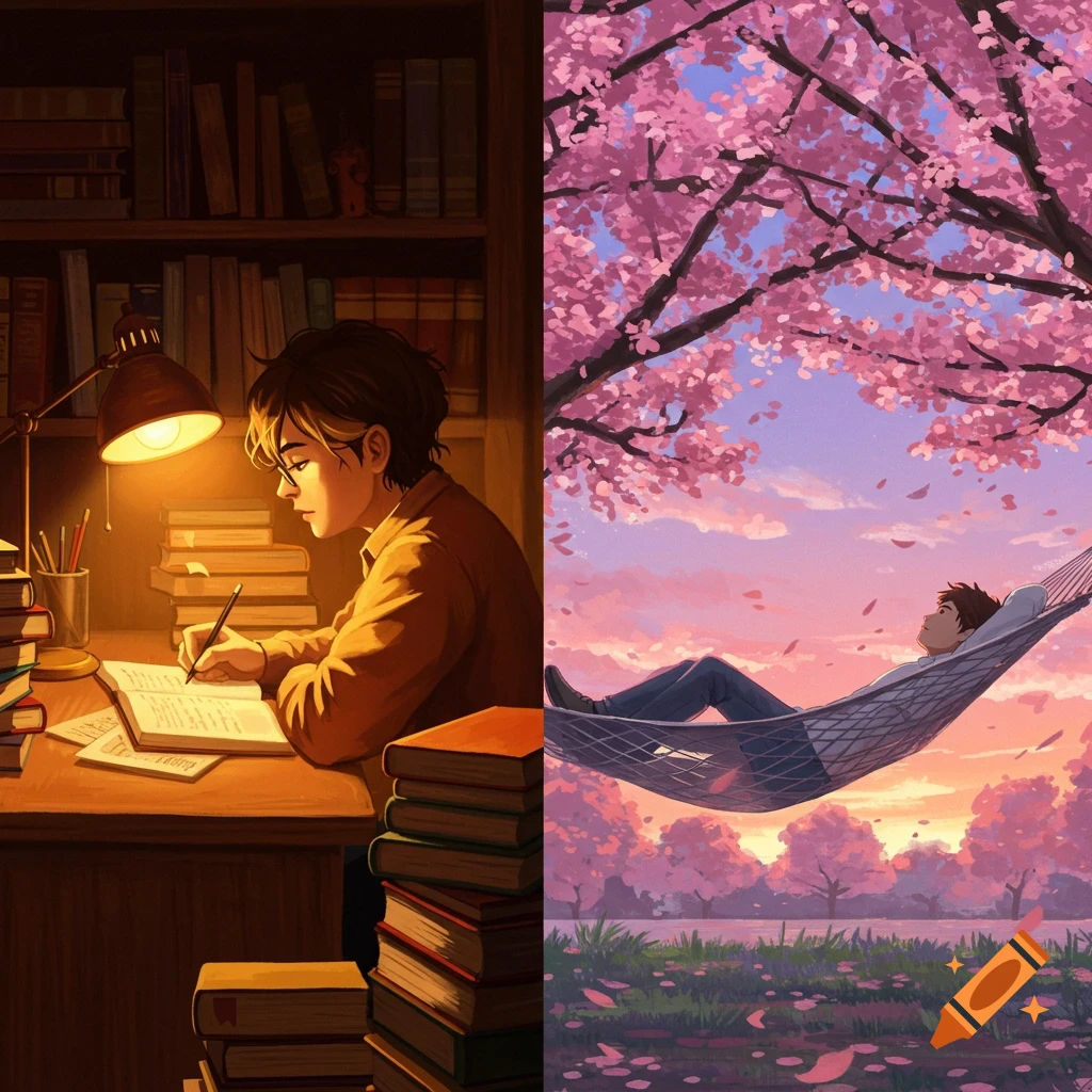 An anime split image showing a person studying indoors under a lamp on the left, and relaxing in a hammock under cherry blossoms on the right.
