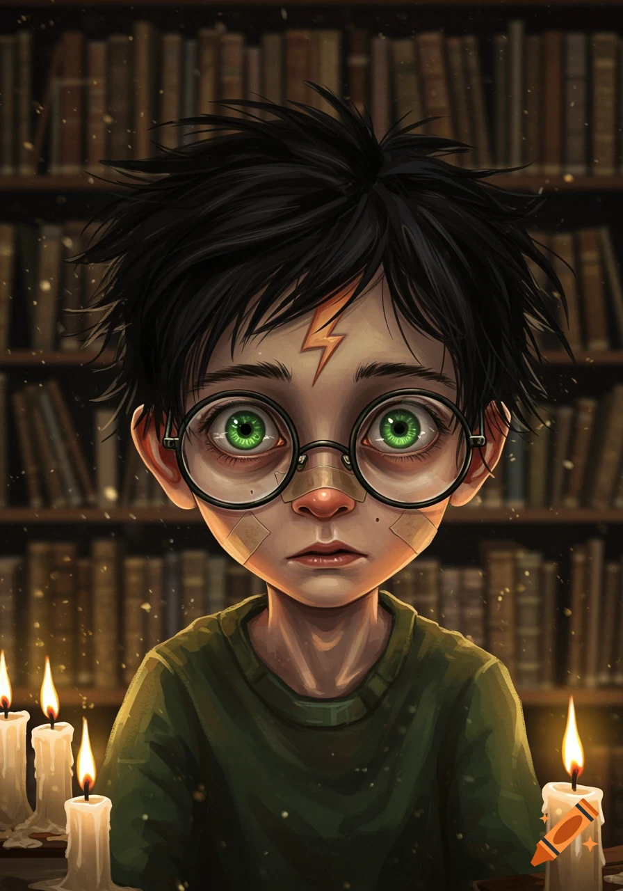 Stylized illustration of a black-haired boy with green eyes, round glasses, lightning scar, and bandages, in a dim library with candles.