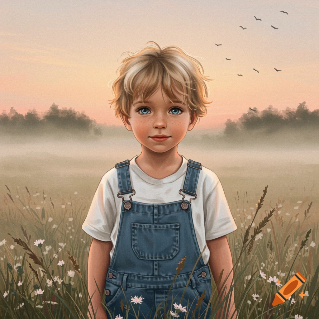 A young boy with blonde hair and blue eyes in denim overalls stands in a field of wildflowers at sunset, illustration.