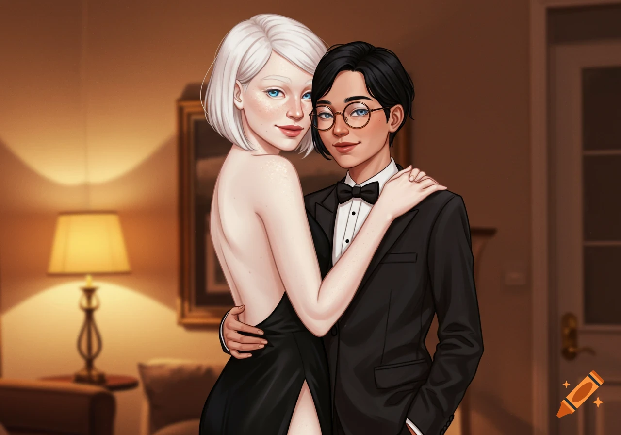Digital drawing of two women in formal wear embracing; one in a backless black dress, one in a tuxedo.