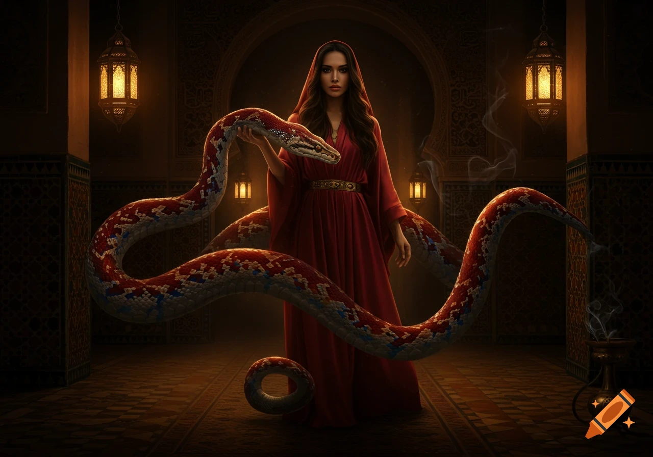 A woman in a red hooded dress holds a large, patterned snake in a dimly lit, ornate room with lanterns.
