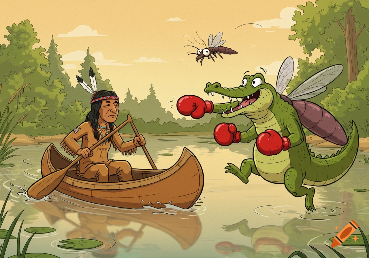 A cartoon Native American man rows a canoe while a winged alligator in boxing gloves punches a mosquito in a lake.