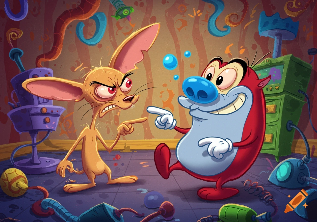 Ren the chihuahua points angrily at a smiling Stimpy the cat in a cluttered, cartoon-style room.