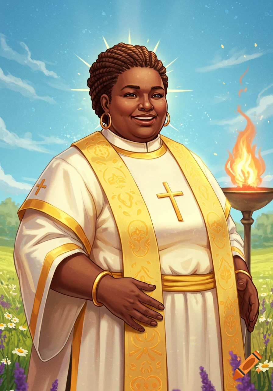 An illustration of a smiling black woman in white and gold cleric robes, with a halo, in a sunny field with a burning torch.