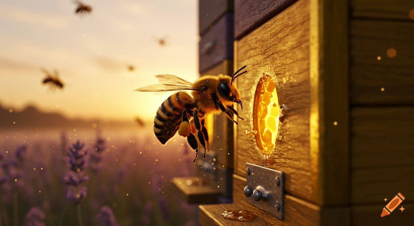A detailed honeybee with pollen flies toward a glowing beehive entrance at sunrise, with lavender fields blurred in the background.