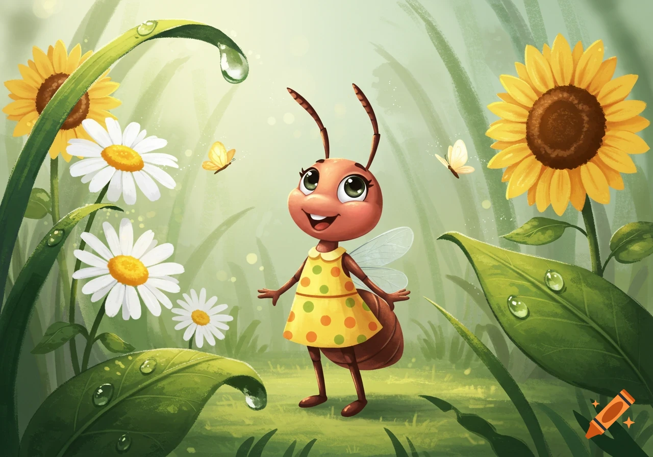 Happy cartoon ant in a yellow polka dot dress standing in a lush field with sunflowers, daisies, and butterflies.