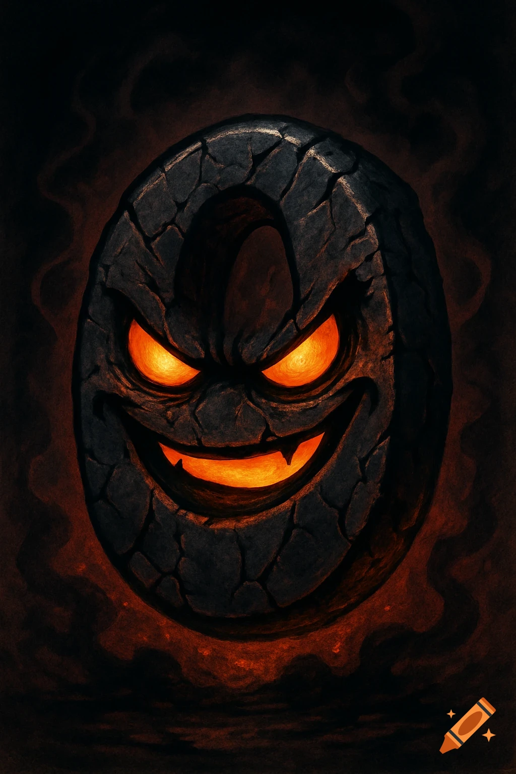 A dark, cracked stone number zero with glowing orange evil eyes and a fanged smile, against a smoky background in a cartoon style.