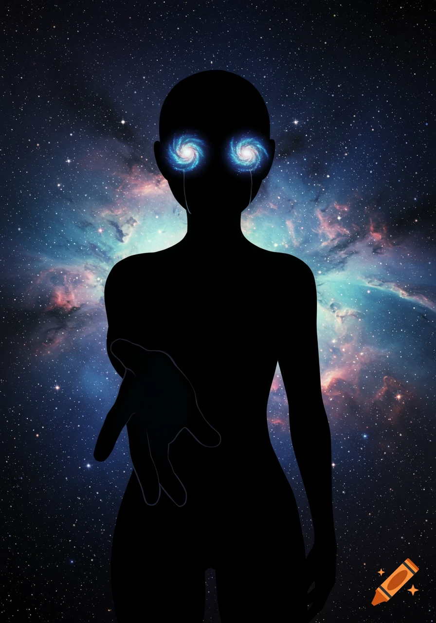 A black silhouette of a person with glowing galaxy eyes and tears, extending a hand, set against a colorful space nebula.