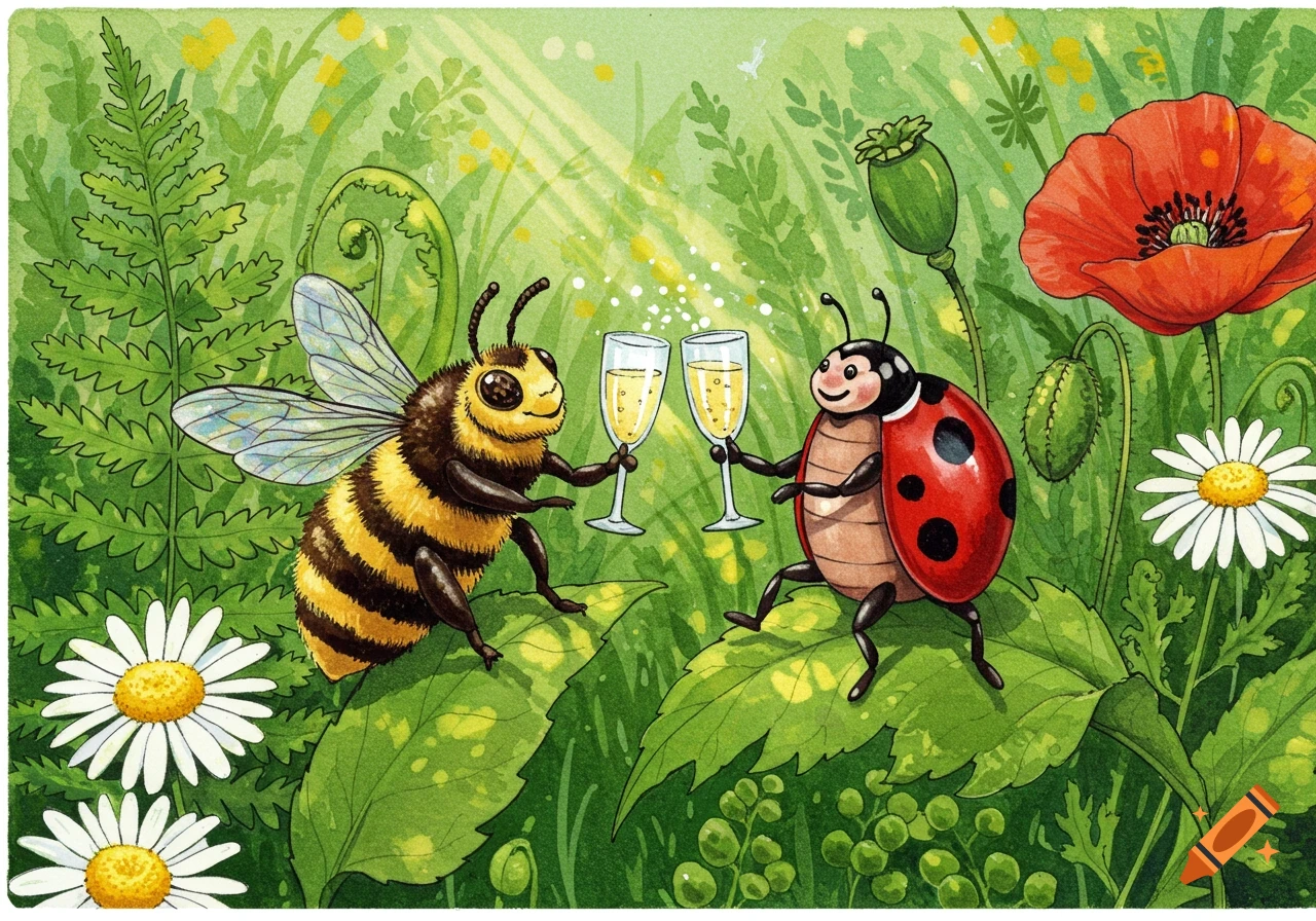Hand-drawn illustration of a bee and a ladybug cheering champagne glasses in a field of green ferns, red poppies, and white daisies.