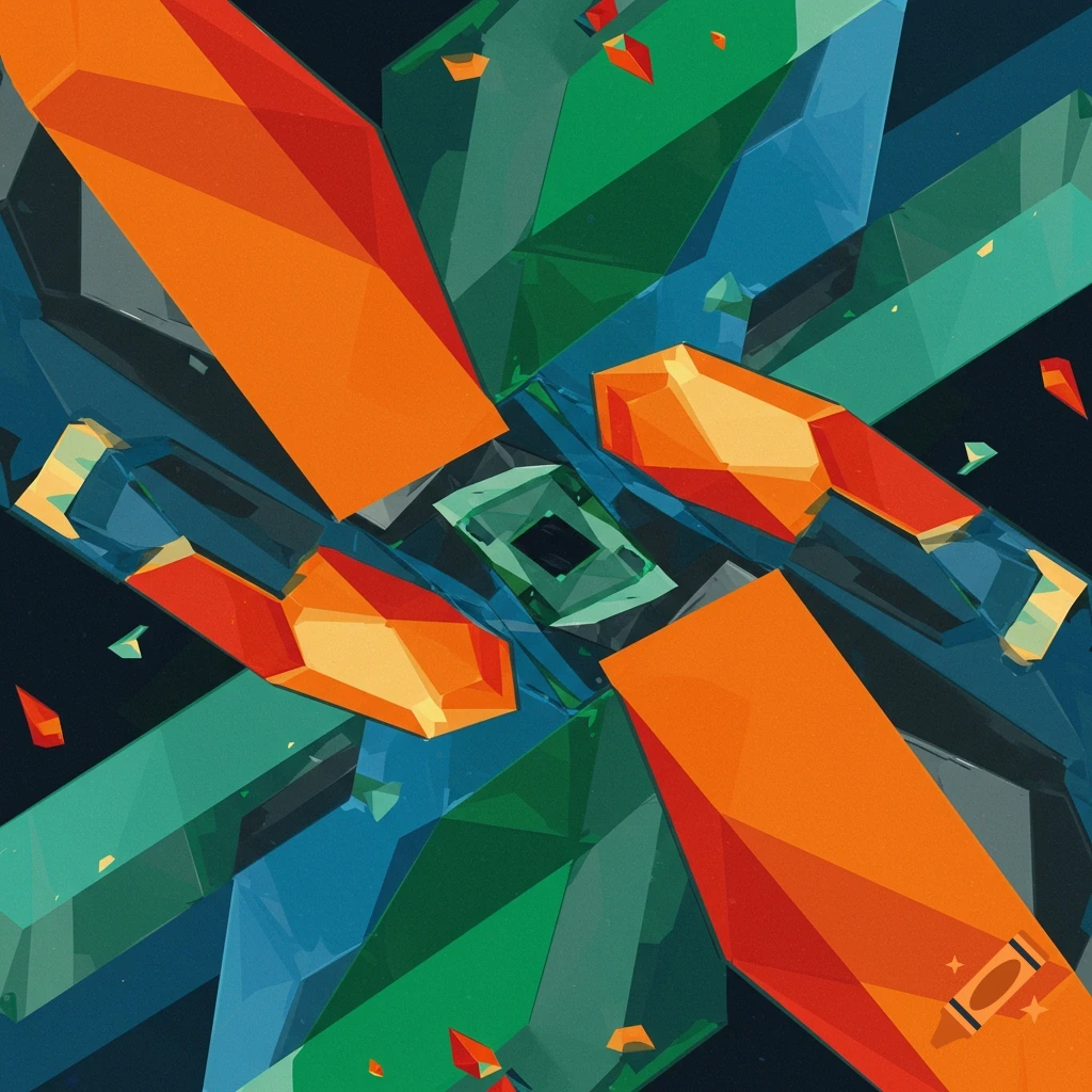 Abstract colorful geometric pattern of interlocking orange, green, and blue faceted shapes.