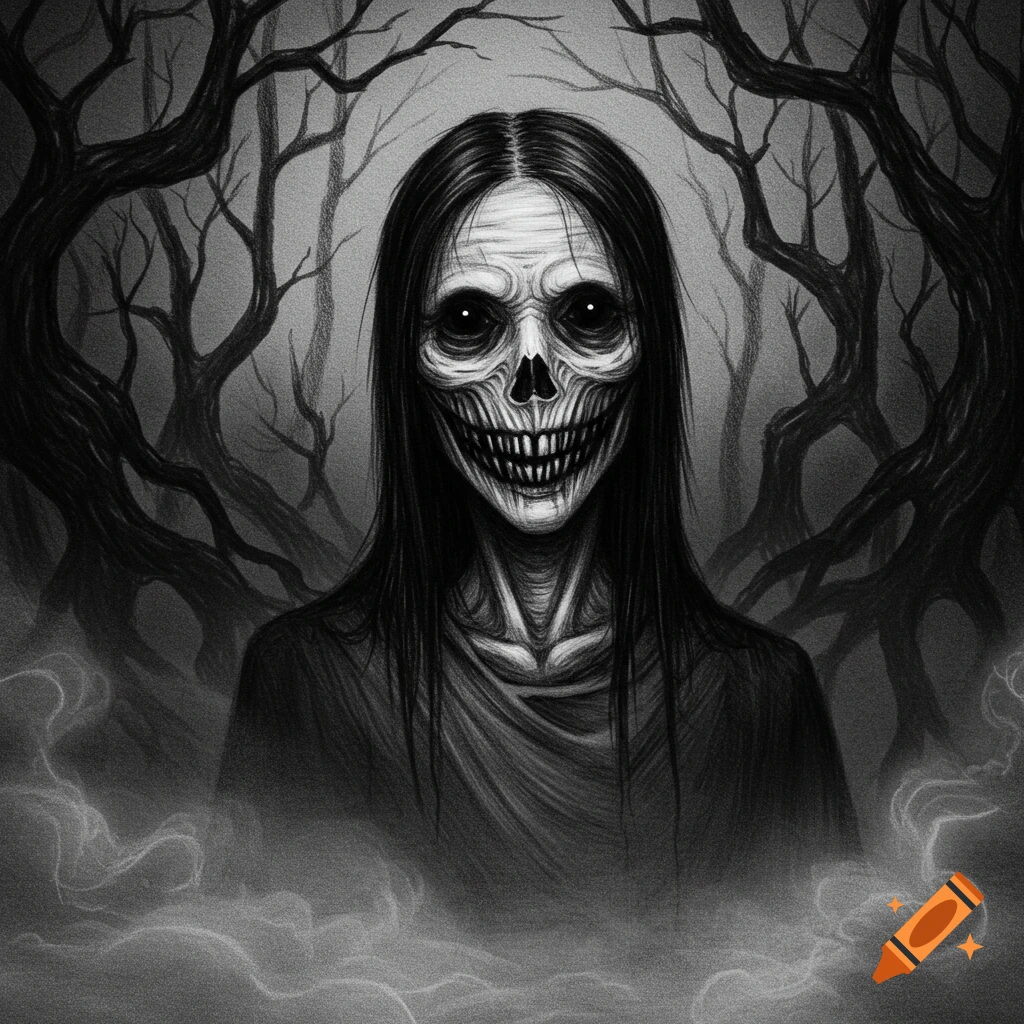 A chilling pencil art drawing of a skeletal figure with long dark hair and a wide, eerie grin, emerging from a misty, gnarled forest.