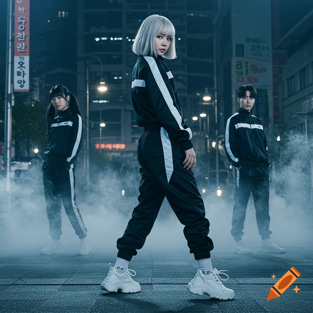 A platinum-blonde Korean girl in a tracksuit and chunky sneakers poses in an urban misty square with two other people behind her at night.