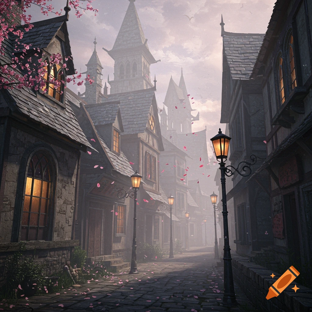 A foggy, cobbled street winds through a gothic village with glowing lanterns and pink cherry blossoms falling.