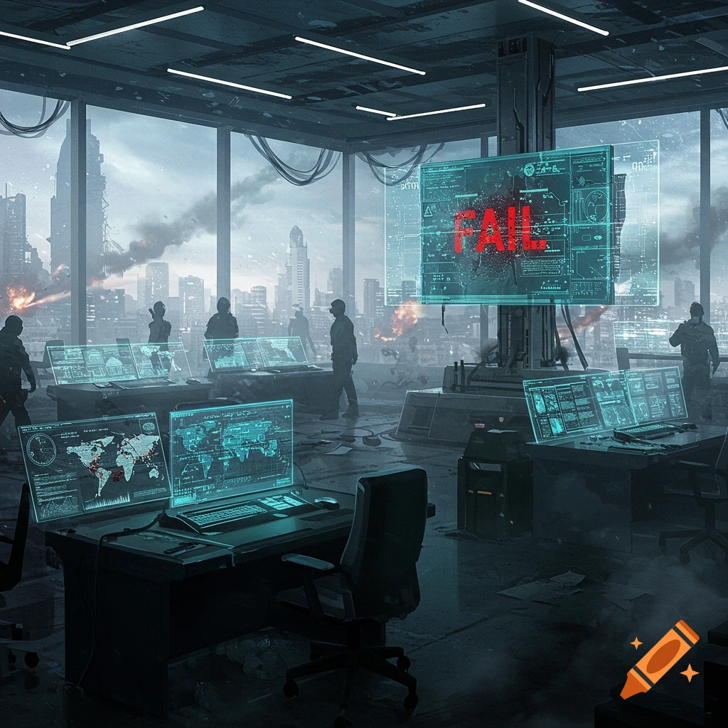 A dystopian control room with figures monitoring screens, one displaying 'FAIL,' overlooking a ruined city.