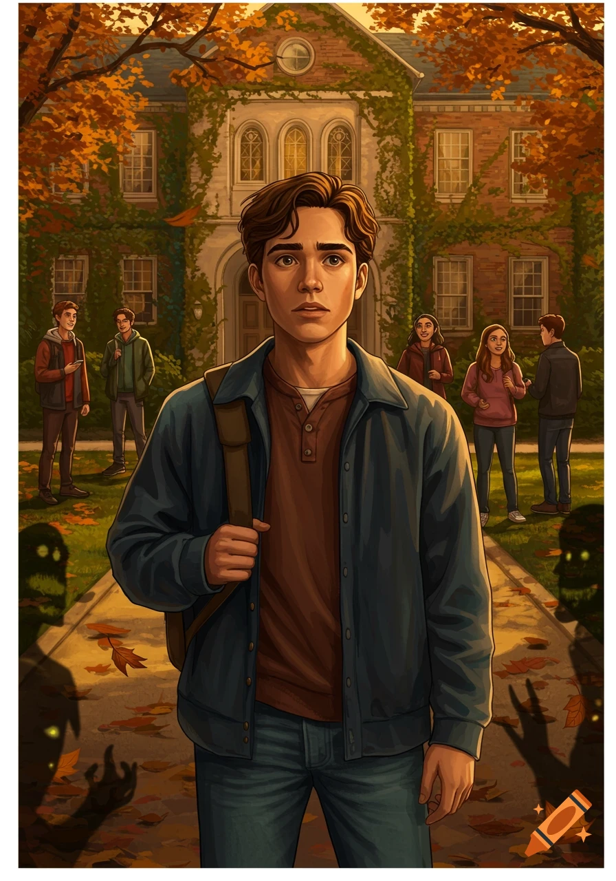 Illustrated young man with a backpack standing at a college entrance in autumn, with other students and shadowy figures.