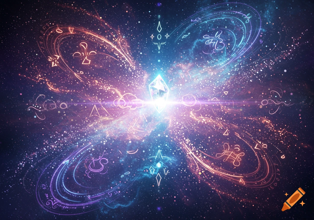 A glowing crystal in a cosmic background with swirling pink, blue, and purple energy trails, sparkles, and abstract occult symbols.