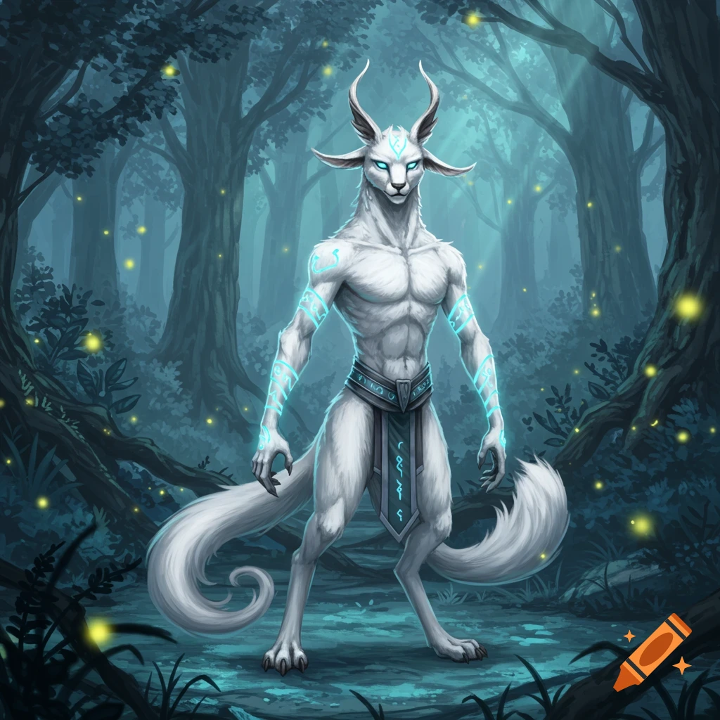 A white anthropomorphic feline-goat creature with glowing blue runes stands in a dark, misty forest with fireflies.