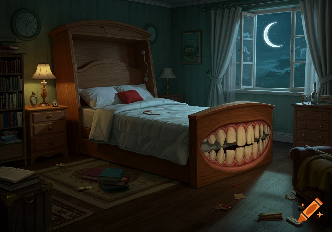 A dark, surreal bedroom with a bed that has a large, sharp-toothed mouth on the footboard, bathed in moonlight.