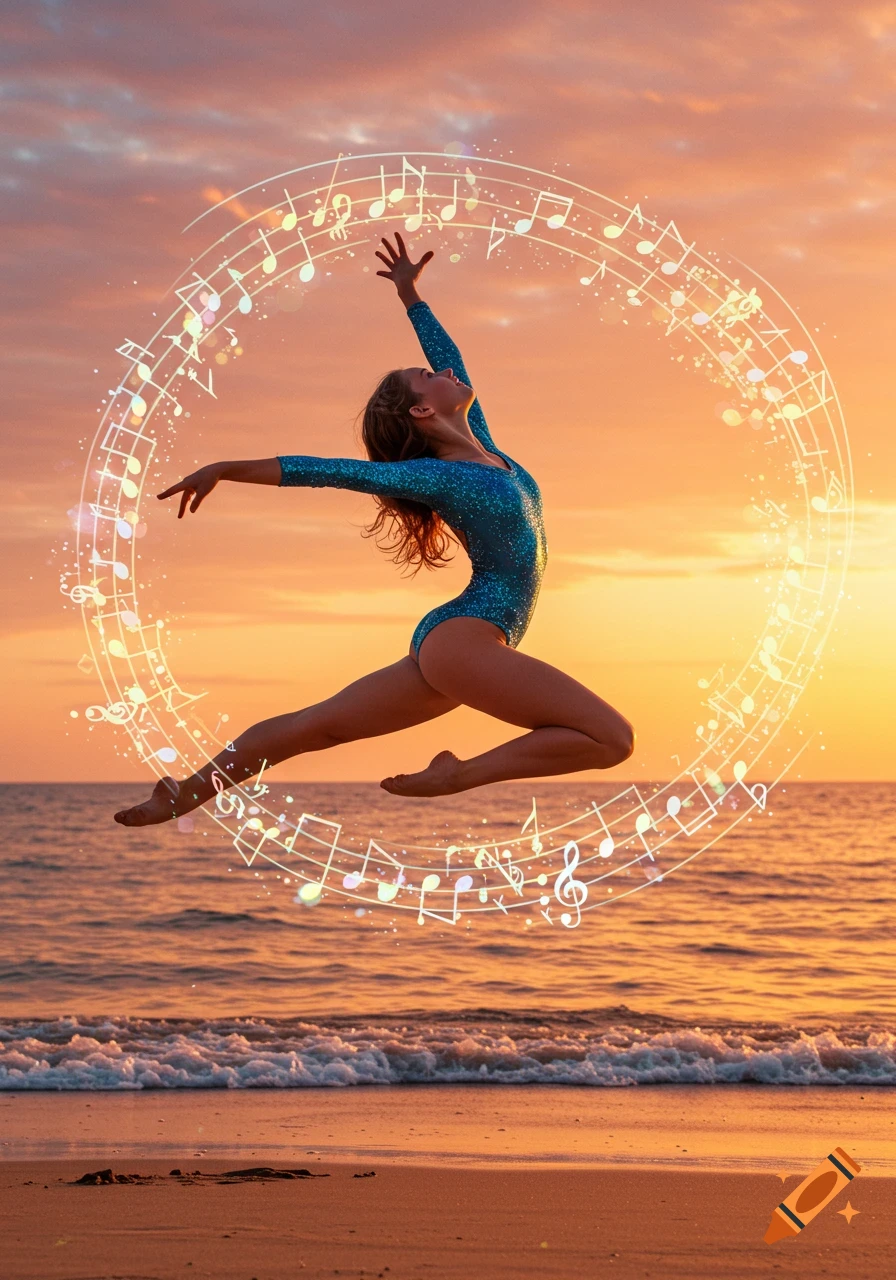 A female gymnast leaps in the air on a beach at sunset, surrounded by glowing music notes.