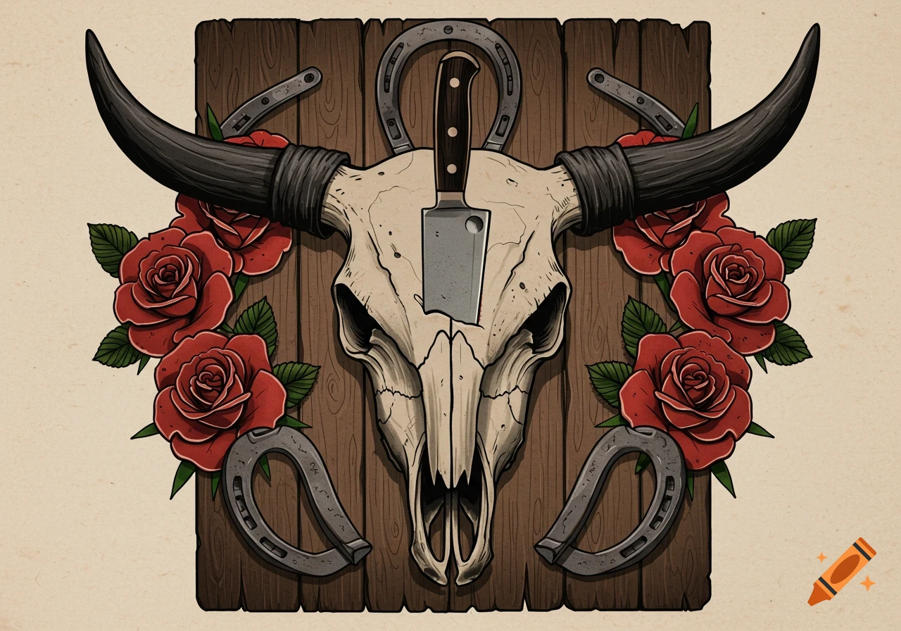 Traditional tattoo style illustration of a bull skull with a butcher knife, horseshoes, and red roses on a wooden background.