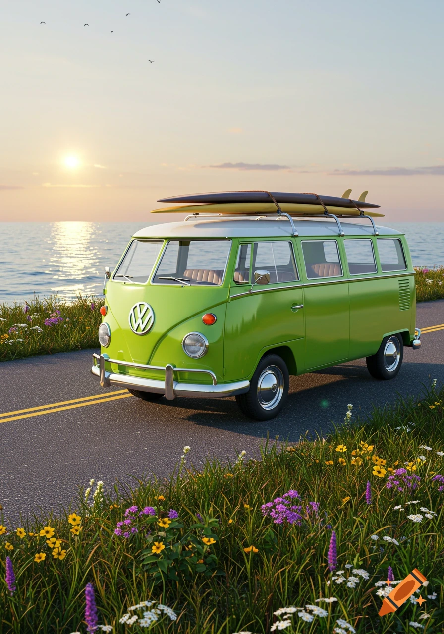 Photorealistic lime green Volkswagen microbus with surfboards on roof, parked on a road by the ocean at sunset, with wildflowers.