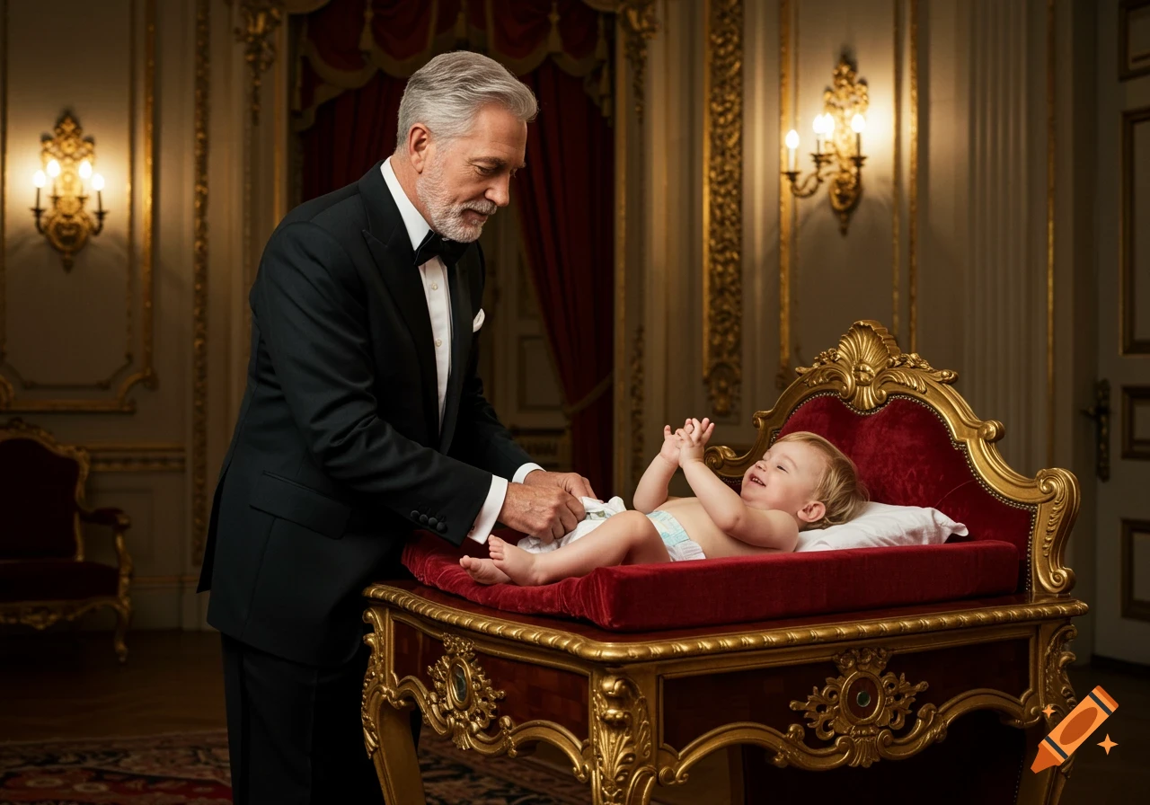 Photorealistic image of a senior man in a tuxedo changing a toddler's diaper on an ornate changing table in a grand, opulent room.