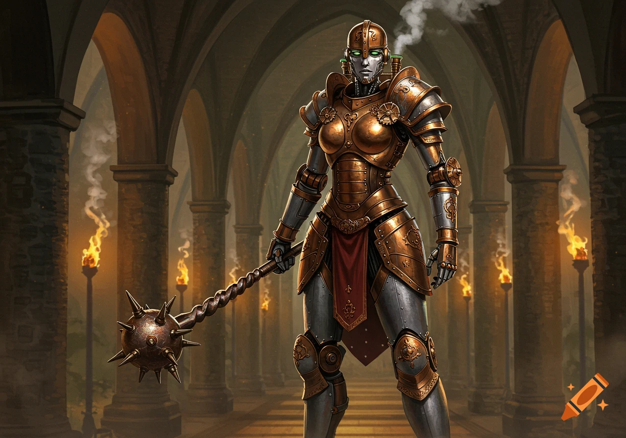A steampunk robot warrior in bronze and silver armor holds a spiked mace in an arched stone hall with torches.