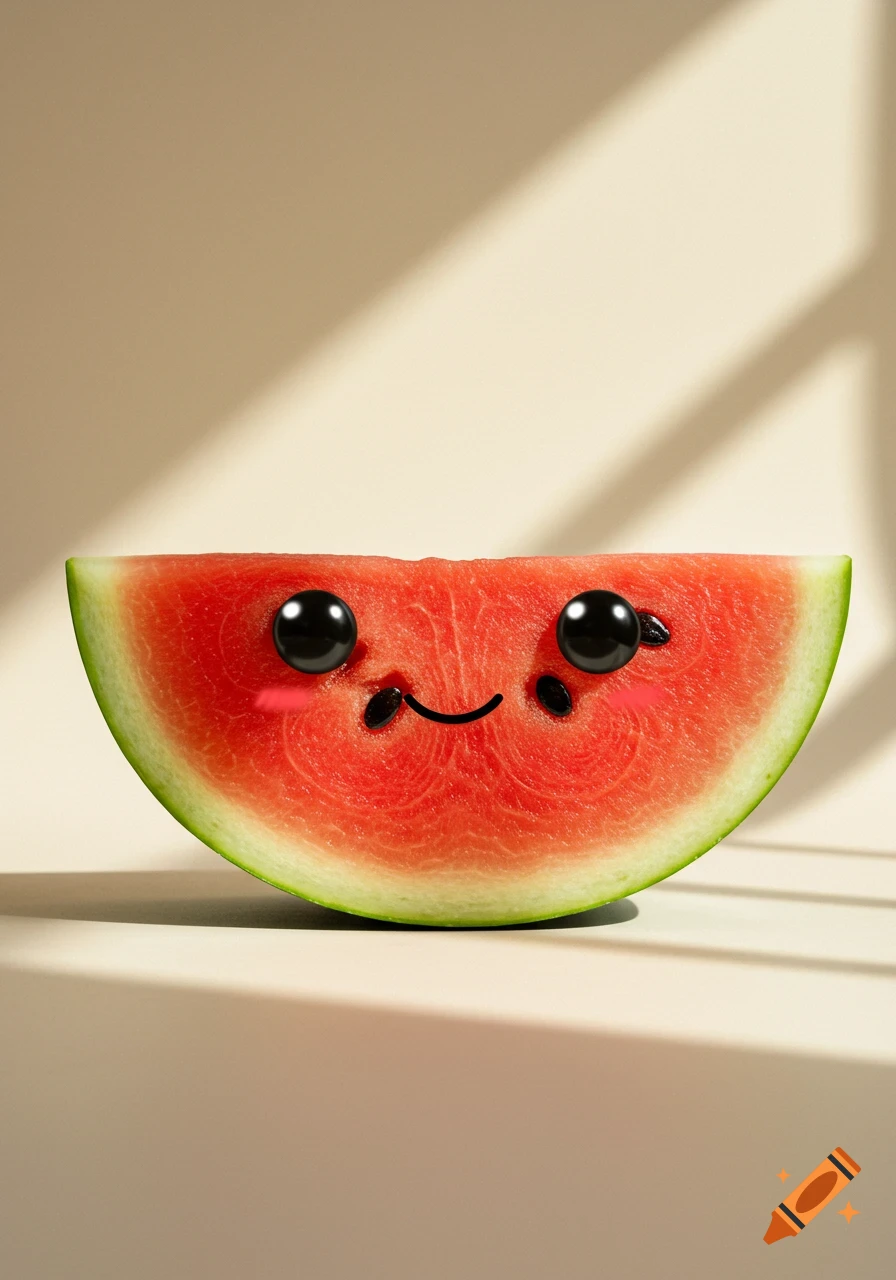Photorealistic slice of watermelon with cartoon black bead eyes, a drawn smile, and pink blush, on a light surface with shadows.