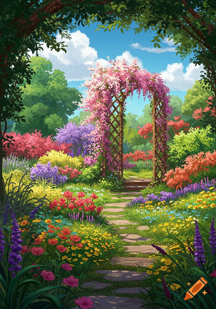 Vibrant cartoon illustration of a colorful garden path through a pink floral archway, surrounded by diverse flowers and lush trees.