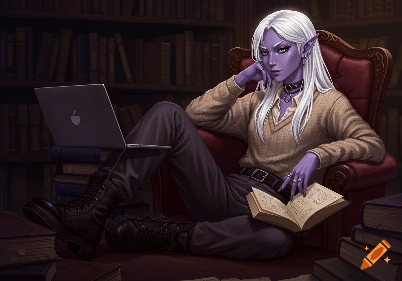 A purple-skinned elf with white hair in dark academia attire sits in a dimly lit library with a laptop and an open book.