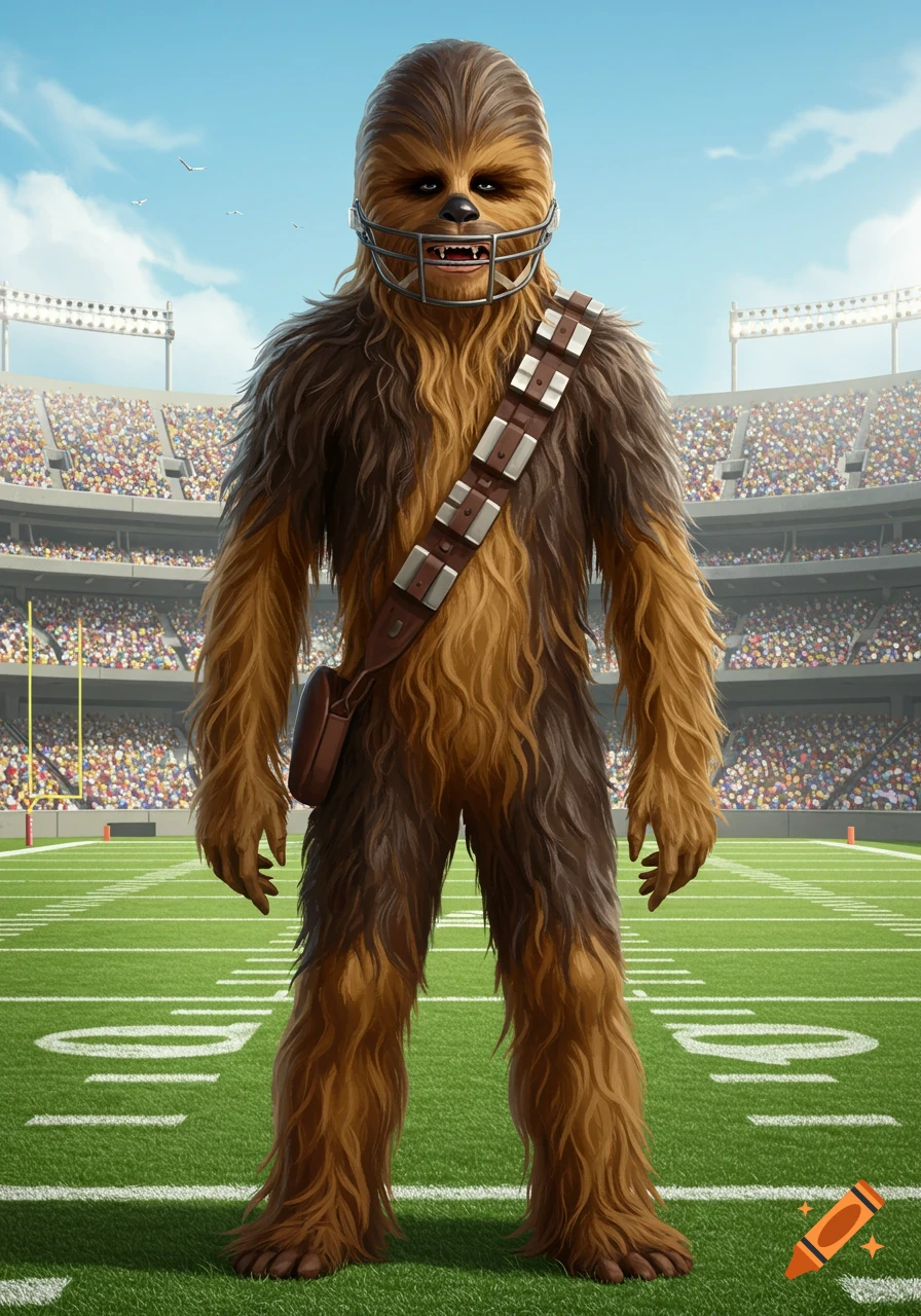 Chewbacca from Star Wars wearing a football helmet and bandolier on a green football field in a stadium, digital art.
