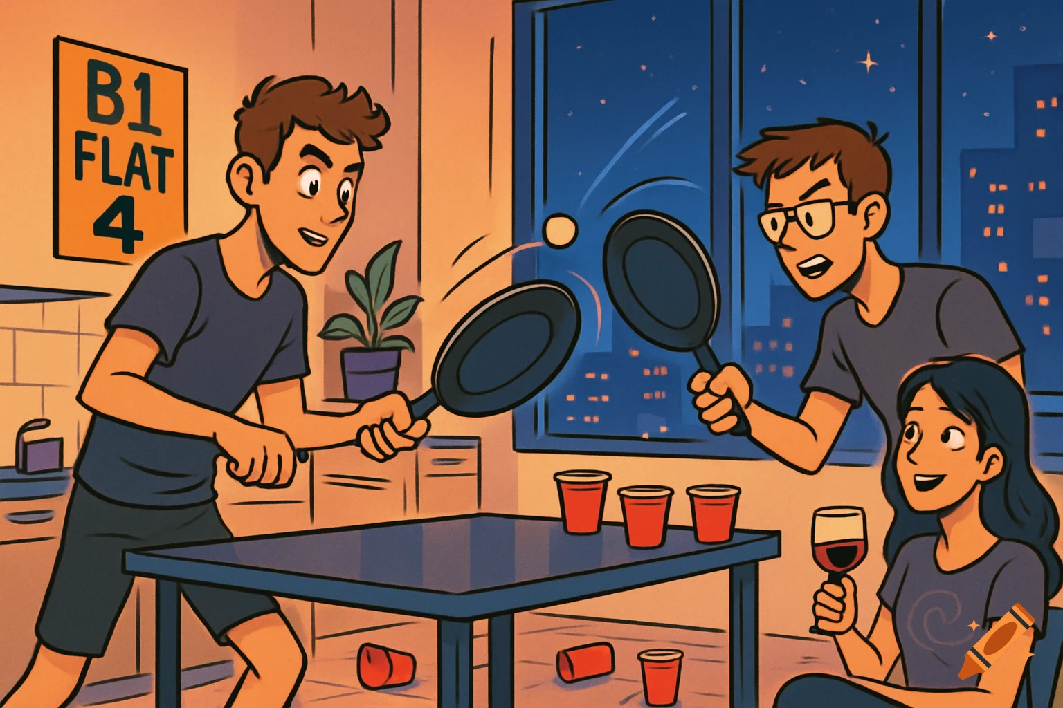 Cartoon of three friends in a kitchen at night, two men playing ping pong with frying pans, a woman watches with wine.