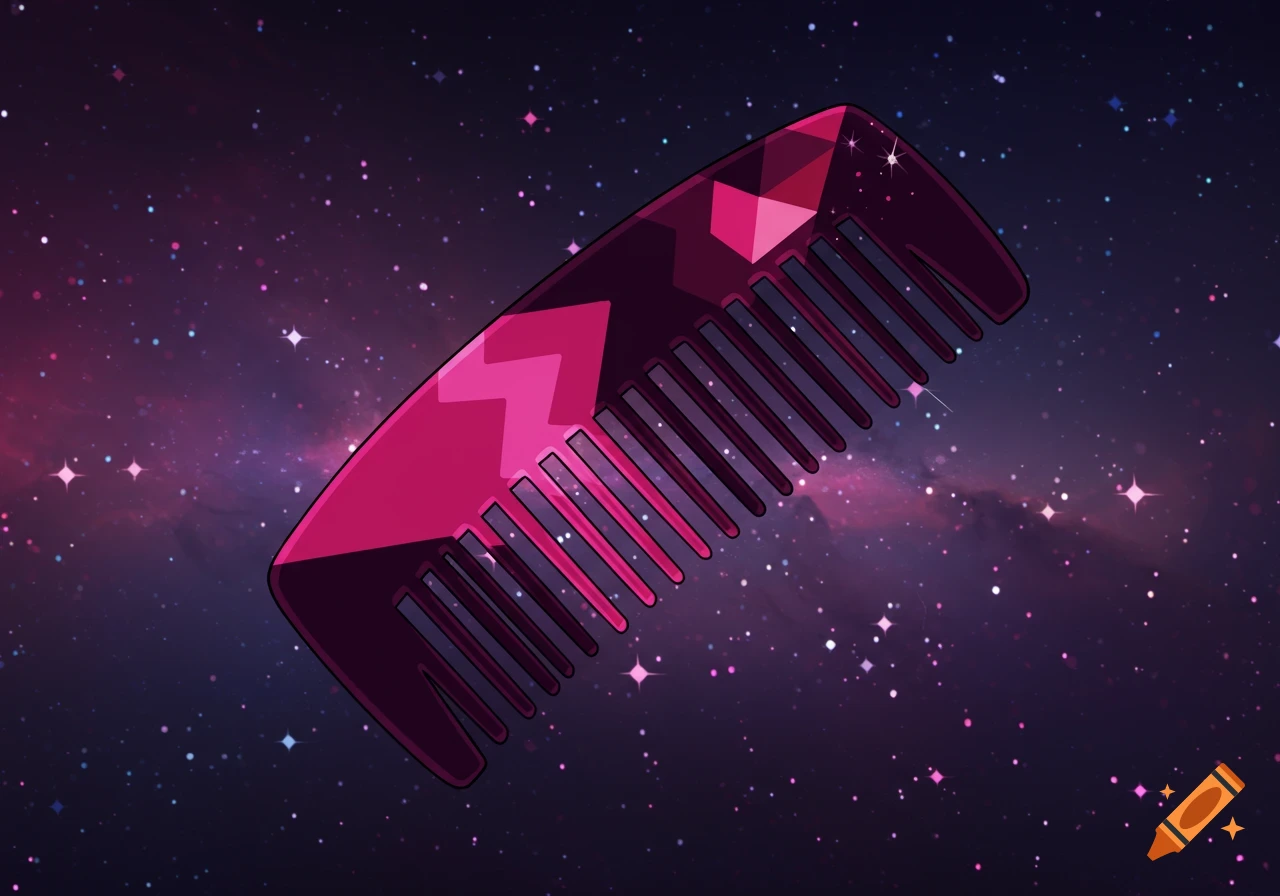 A stylized, magenta comb with geometric patterns floats in a starry purple and black galaxy.