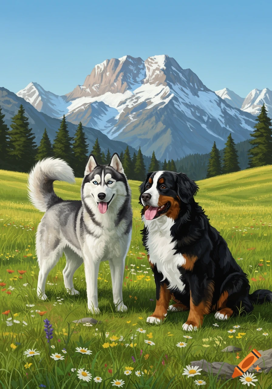 Illustrated Siberian Husky and Bernese Mountain Dog in a sunny mountain meadow with trees.