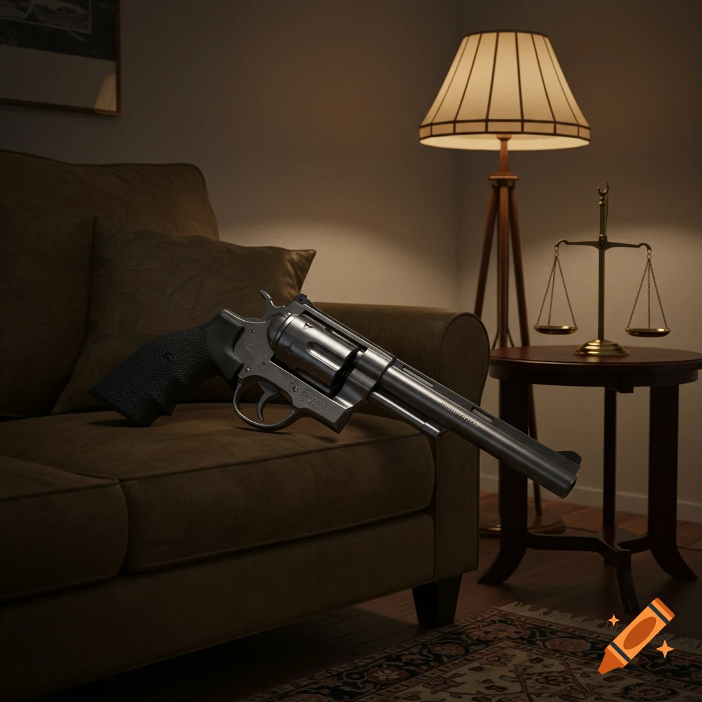 Photorealistic image of a large silver revolver lying on a brown sofa in a dimly lit room, with a lamp and scales of justice.