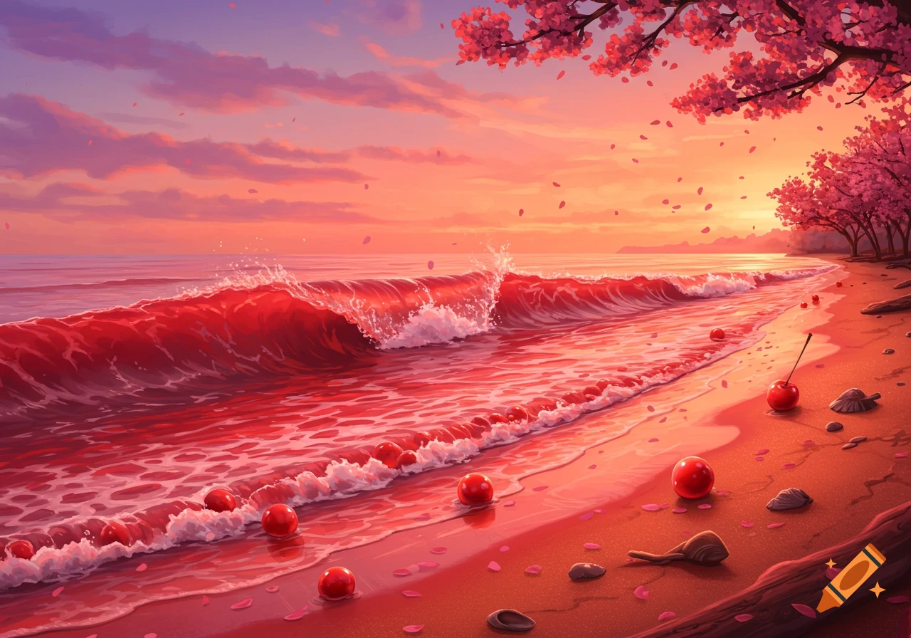 Vibrant digital painting of a beach at sunset with red cherry waves, cherries on the sand, and cherry blossom trees.
