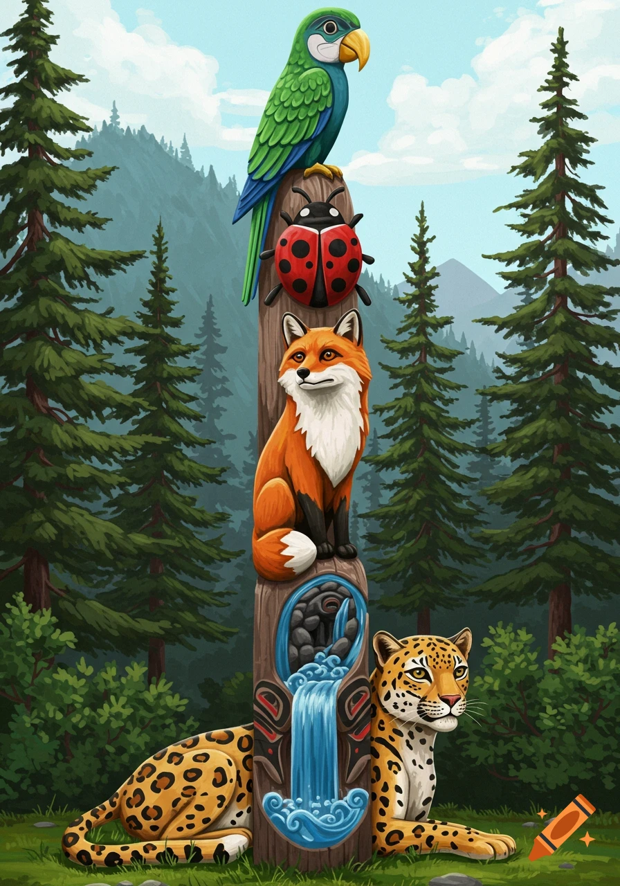 An Alaskan style totem pole in a forest, featuring a parrot, ladybug, fox, waterfall, and leopard.