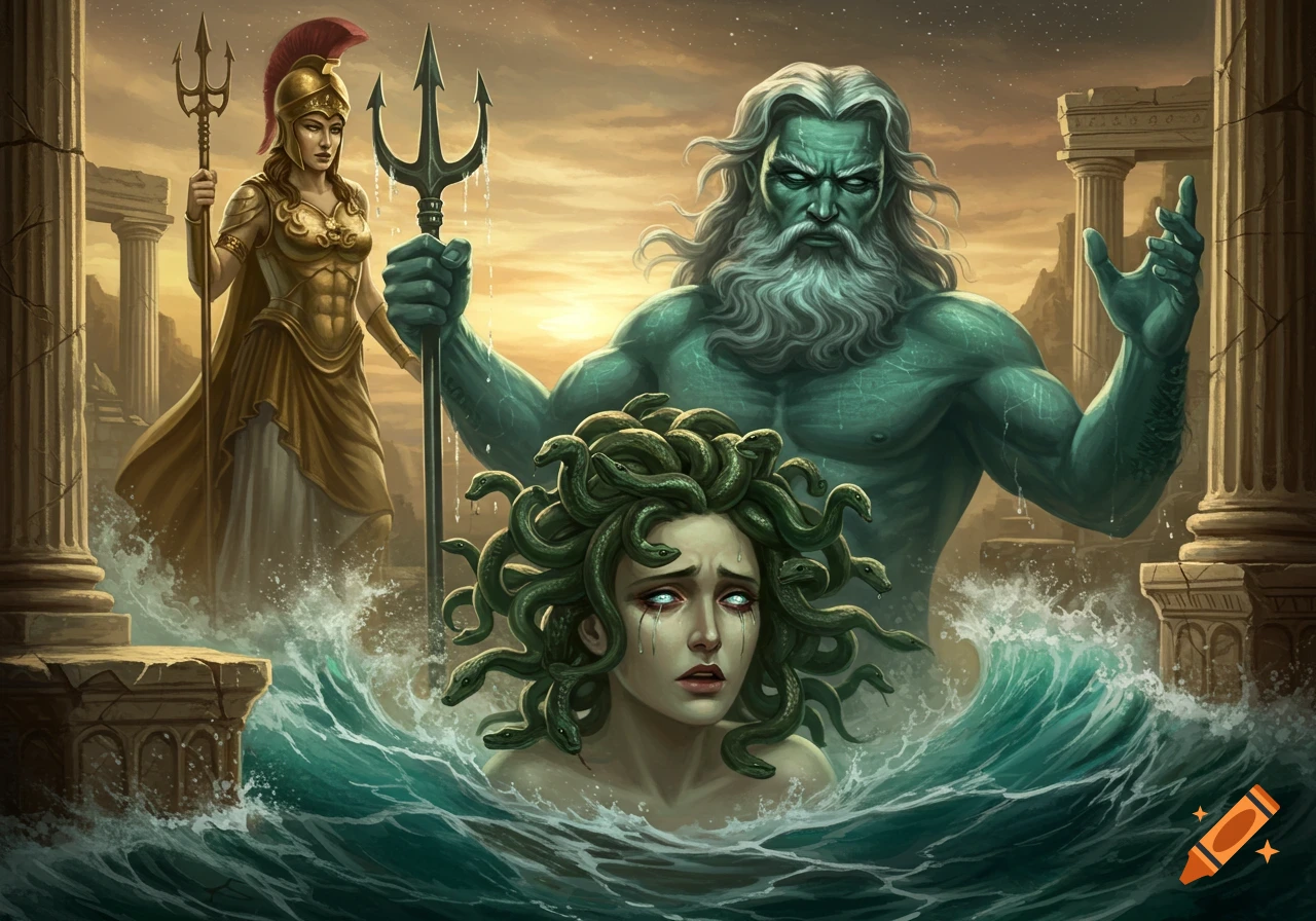Illustrated scene of Poseidon looming over a crying Medusa in rough seas, as Athena watches from ancient ruins.