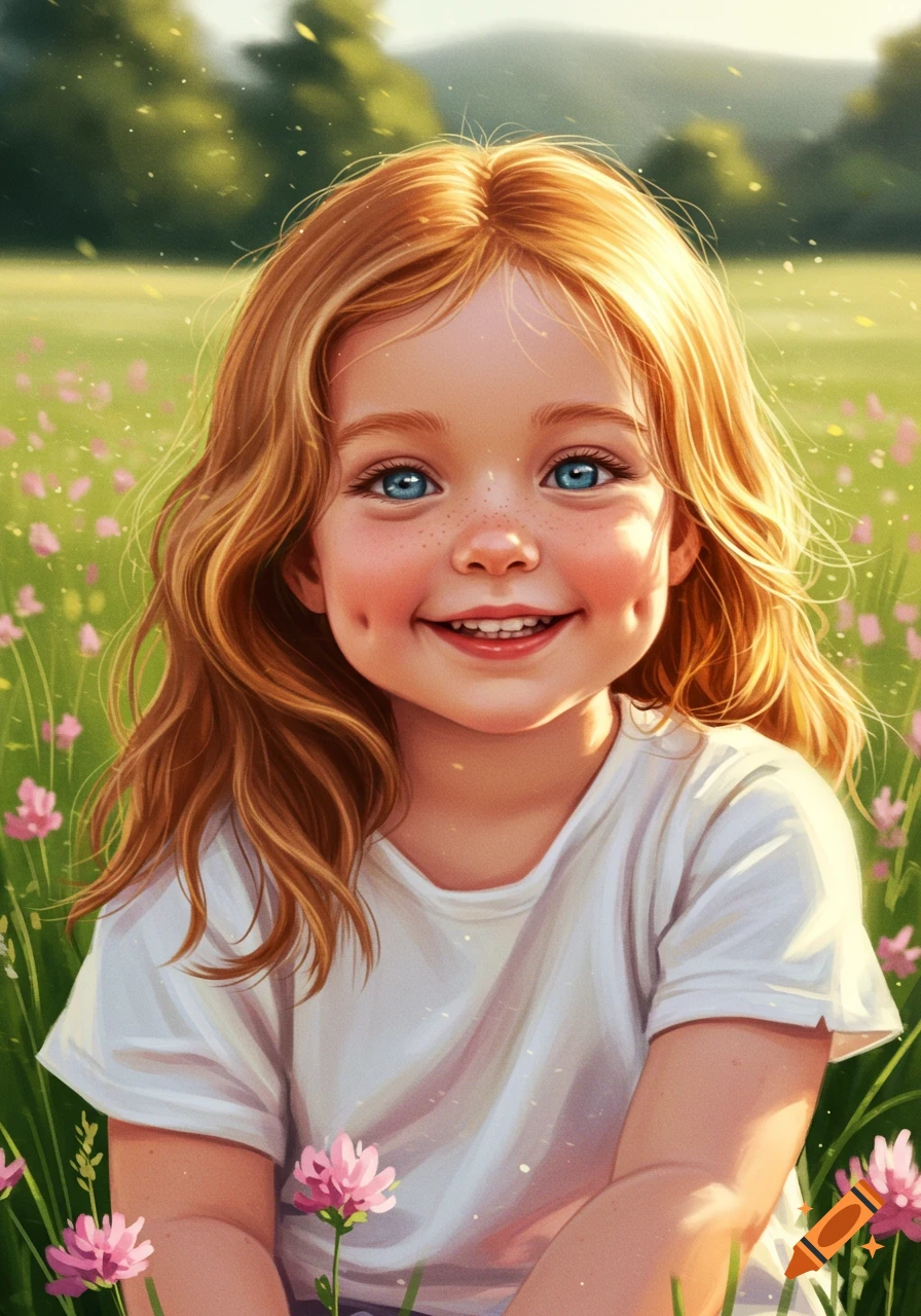 A smiling strawberry blonde girl with blue eyes and freckles sits in a field of pink flowers, in a vibrant, illustrative style.