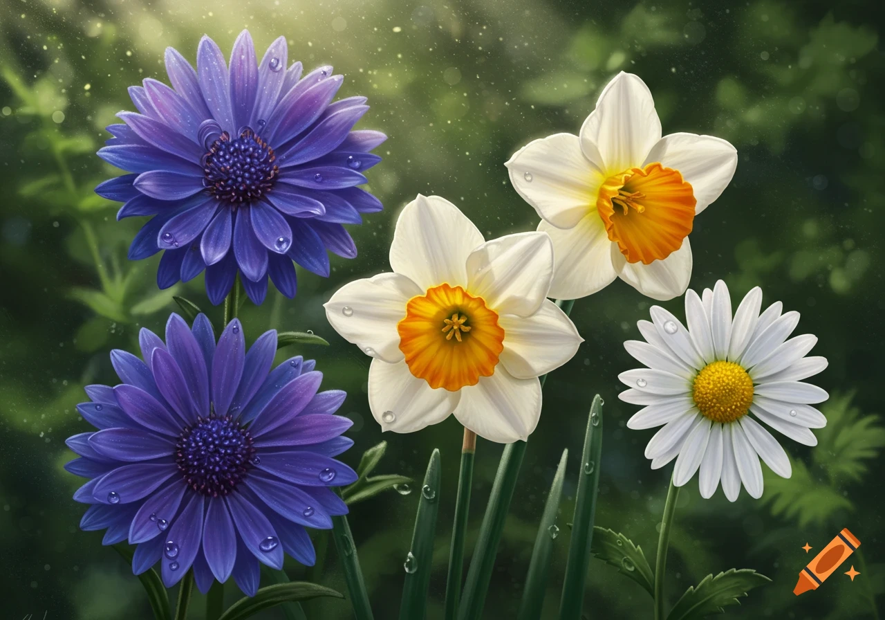 Vibrant purple aster-like flowers, white and orange daffodils, and a white daisy covered in dewdrops in a sunny garden.