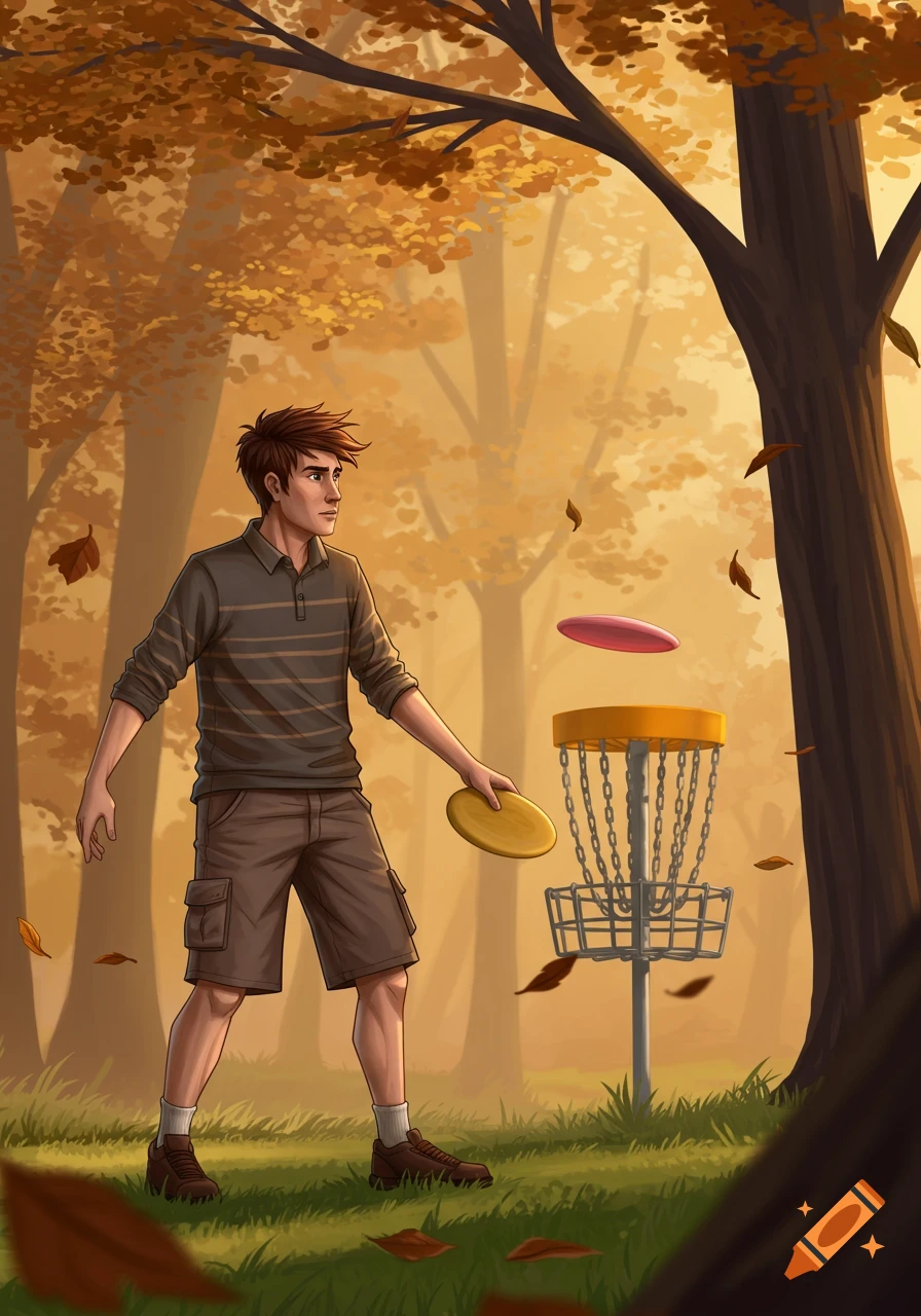 An illustration of a man playing disc golf in an autumn forest, holding a yellow disc while a pink one floats near the basket.