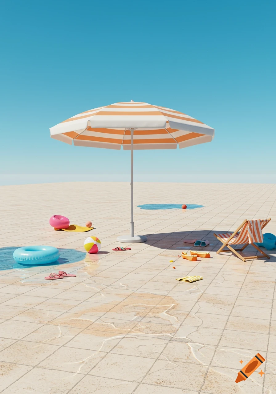 A minimalist outdoor scene with a striped beach umbrella, a lounge chair, and various pool accessories on a tiled surface with small puddles under a clear blue sky.