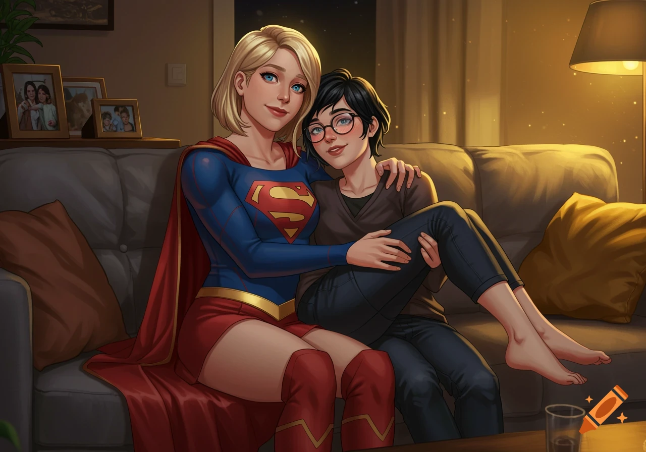 Digital illustration of Supergirl holding her smiling girlfriend bridal style on a couch in a cozy home setting.