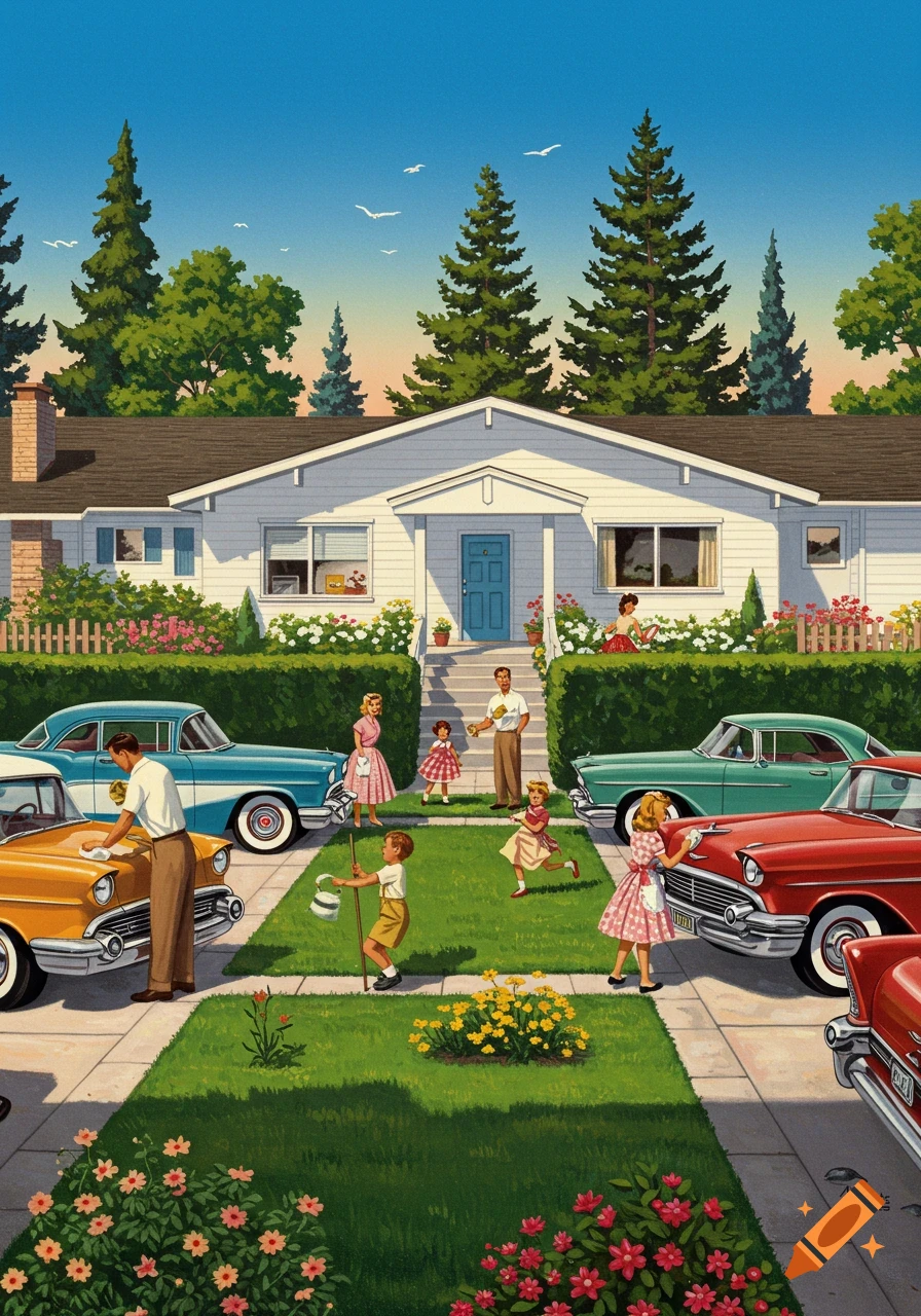 Illustration in a 1950s retro style depicting a suburban street scene with families, classic cars, and houses.