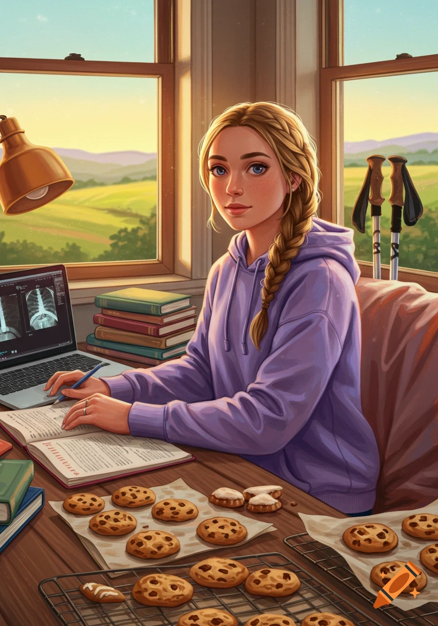 A young woman studies at a desk with a laptop and open book, surrounded by freshly baked cookies and a scenic window view.