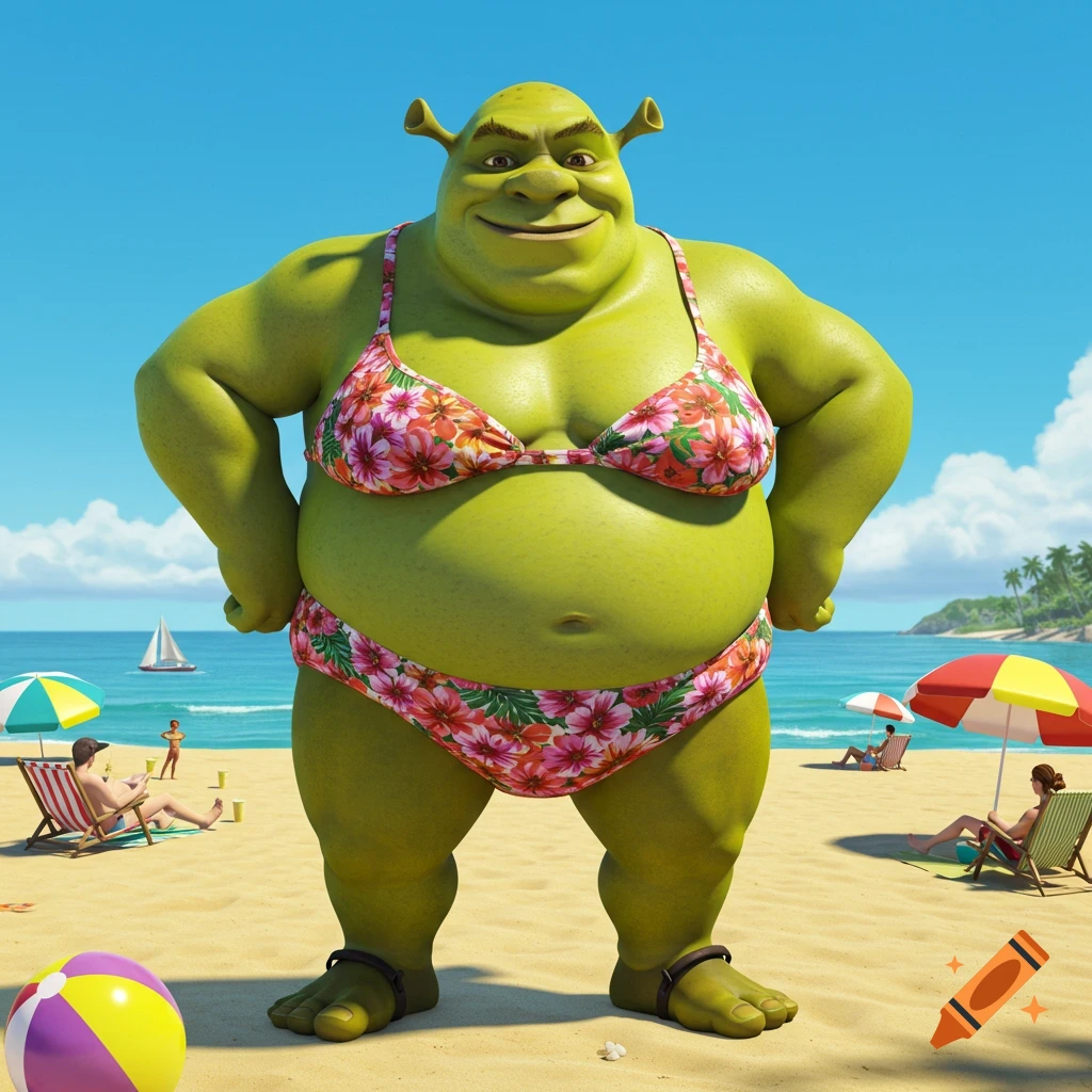 Shrek, a green ogre, stands on a sunny beach wearing a pink floral bikini. Other beachgoers, umbrellas, and the ocean are in the background.