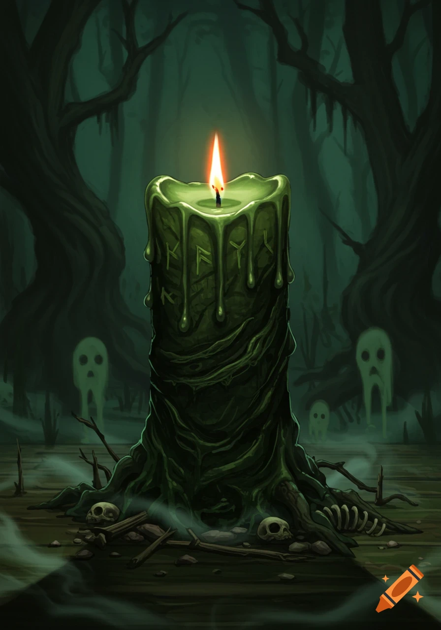 A glowing green candle with runic symbols melting into a swampy ground filled with skulls and bones, with ghostly figures in the background.