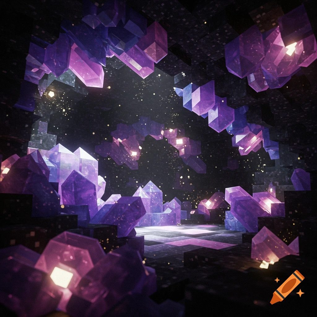 A dark, crystal-filled cave with glowing purple and blue amethyst formations and sparkling dust, in a blocky, stylized manner.