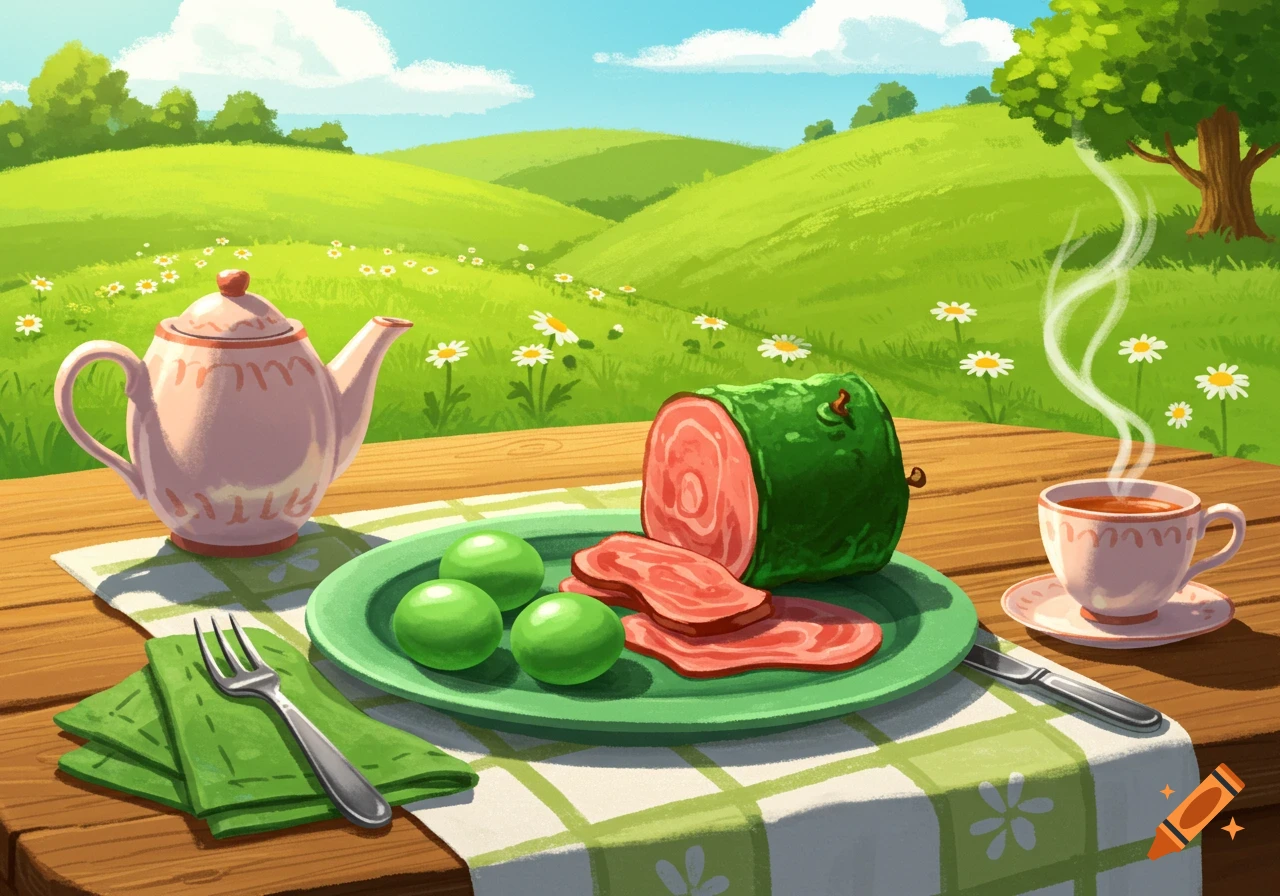 Stylized illustration of green eggs and ham on a picnic table with a teapot and teacup, set against a sunny, rolling green hill landscape.